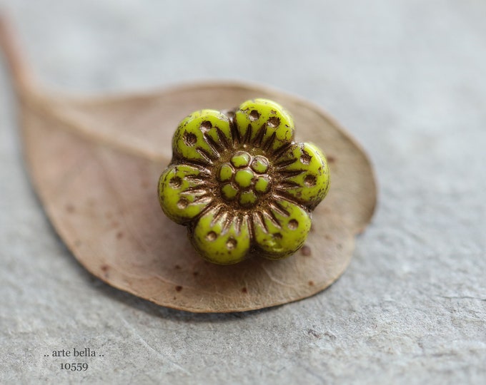 BRONZED CHARTREUSE ROSES .. 6 Premium Picasso Czech Glass Wild Rose Bead Mix 14mm (10559-6) .. jewelry supplies