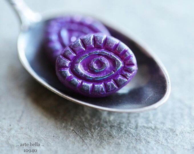 MYSTIC PURPLE PEEPERS .. New 6 Premium Matte Czech Glass Mystic Eye Beads 14x11mm (10940-6) .. jewelry supplies