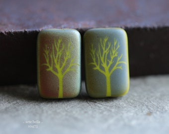 CHARTREUSE TREE REX .. New 4 Premium Matte Czech Glass Laser Etched Tree Rectangle Bead Mix 19x12mm (10473-4) .. jewelry supplies