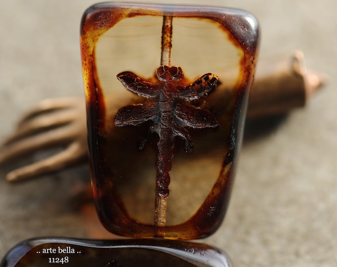 New .. EARTHY AMBER MIST Dragonflies .. 2 Premium Picasso Czech Glass Dragonfly Bead/Pendants 28x20mm (11248-2) .. jewelry supplies