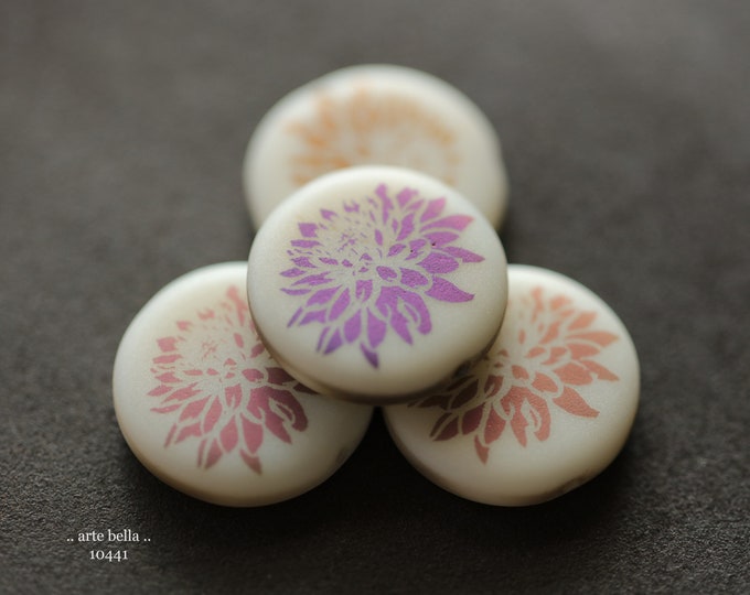 IVORY DAHLIA COINS No. 1 .. New 4 Premium Matte Czech Glass Laser Etched Dahlia Coin Bead Mix 17mm (10441-4) .. jewelry supplies