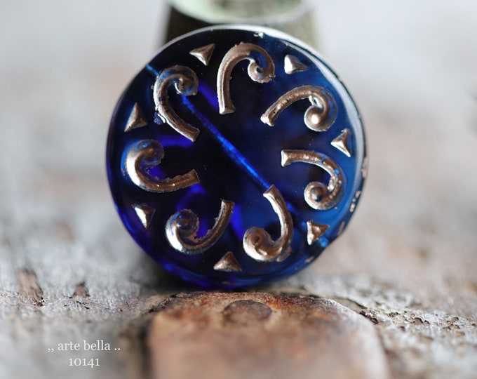 PLATINUM COBALT SUNS .. 2 Premium Czech Glass Floral Sun Coin Bead 23mm (10141-2) .. jewelry supplies