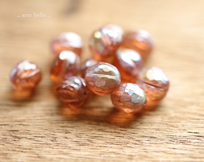 MYSTIC PEACH GLITZ No. 1 .. 12 Premium Matte Czech Glass Faceted Melon Beads 10mm (9526-12) .. jewelry supplies