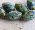 back in stock .. BLUE MOSS OLIVES .. 12 Picasso Czech Glass Faceted Olive Beads 12x8mm (7578-st) .. jewelry supplies
