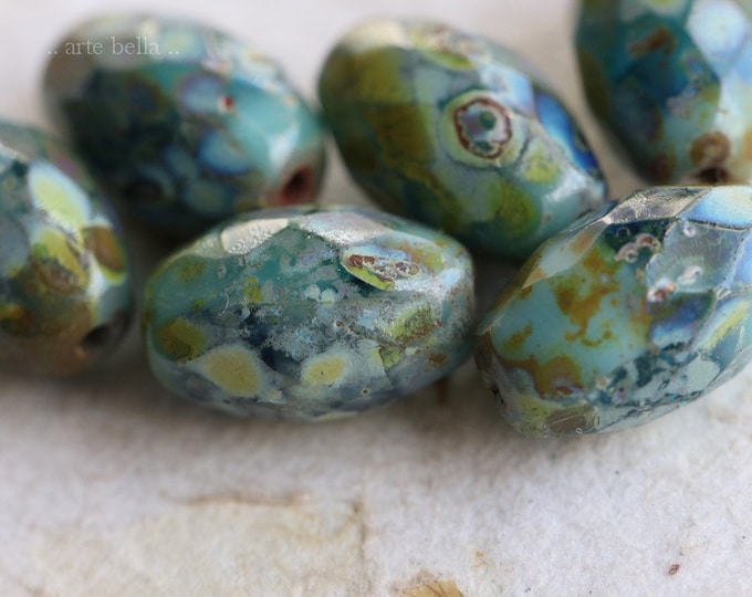 BLUE MOSS OLIVES .. 12 Premium Picasso Czech Glass Faceted Olive Beads 12x8mm (7578-st) .. jewelry supplies