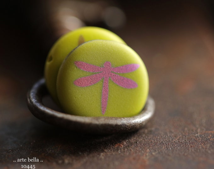 CHARTREUSE DRAGONFLY COINS .. New 4 Premium Matte Czech Glass Laser Etched Dragonfly Coin Bead Mix 17mm (10445-4)