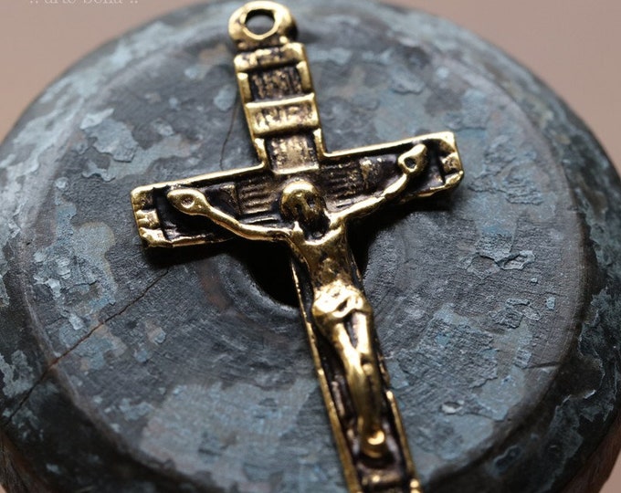 ANTIQUE GOLD CRUCIFIX No. 219 .. 2 Mykonos Greek Crucifix Cross Castings 40x22mm (M219-2) .. jewelry supplies