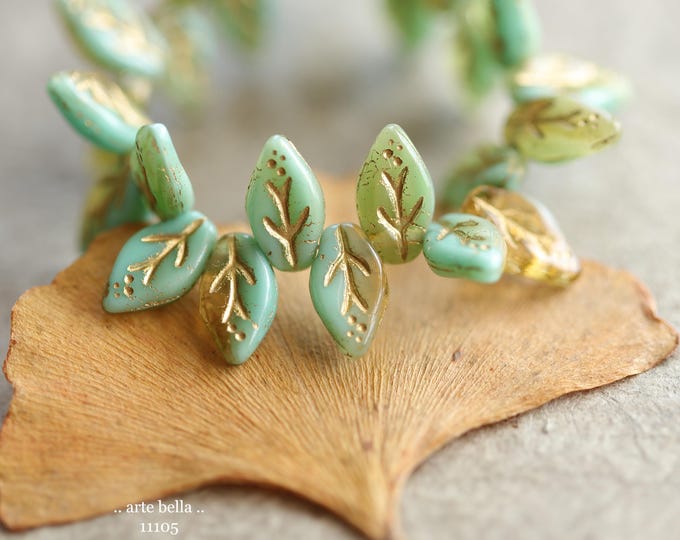 premium glass beads .. GOLDEN SPRING LEAVES .. New 25 Czech Glass Petite Leaf Beads 10x6mm (11105-st) .. jewelry supplies