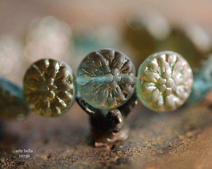 EARTHY AQUA DAHLIAS .. 12 Premium Matte Czech Glass Dahlia Flower Beads 15mm (10736-st) .. jewelry supplies