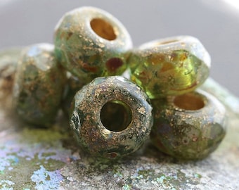 back in stock .. GOLDEN LUSH ROLLERS .. 6 Premium Etched Picasso Czech Glass Large Hole Roller Beads 8x12mm (8317-6)