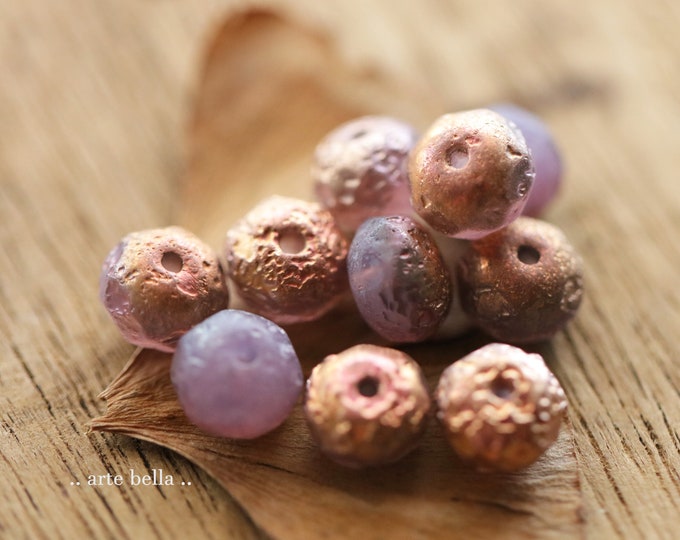 COPPERED PINKS .. 10 Premium Etched Czech Glass Faceted Rondelle Beads 8x6mm (9610-10)