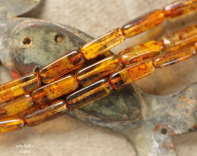 New .. EARTHY AUTUMN STICK Mix .. 14 Picasso Czech Glass Rectangle Tube Beads 15x5mm (11464-st) .. jewelry supplies