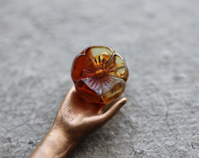 EARTHY SANGRIA PANSY .. 6 Premium Picasso Czech Glass Hibiscus Flower Beads 12mm (10722-6) .. jewelry supplies