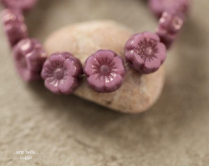 New .. BRONZED PINK PANSY 7mm .. 12 Premium Czech Glass Petite Hibiscus Flower Beads (11450-st) .. jewelry supplies