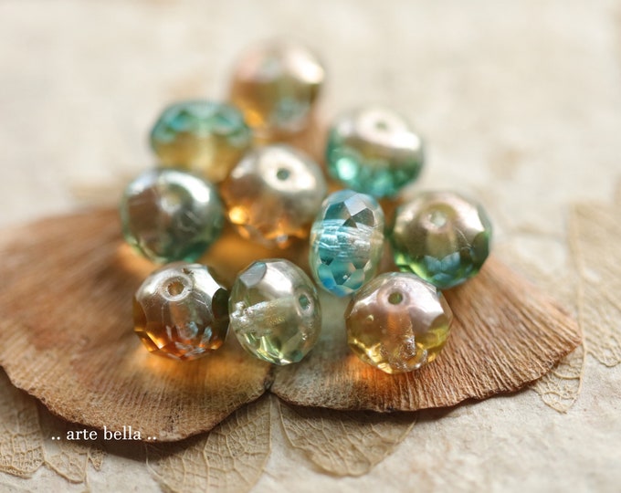 GILDED WATER .. 10 Premium Czech Glass Faceted Rondelle Beads 6x8/9mm (9699-10) .. jewelry supplies