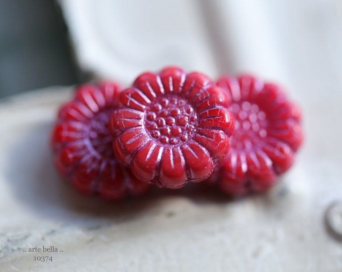 premium glass beads .. PINK CORAL SUNFLOWERS .. 6 Czech Glass Flower Beads 13mm (10374-6) .. jewelry supplies