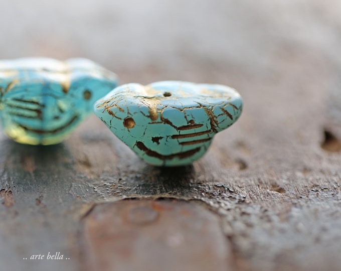 GOLDEN AQUA SKY Chirps .. 6 Premium Czech Glass Bird Beads 11x22mm (9273-6)