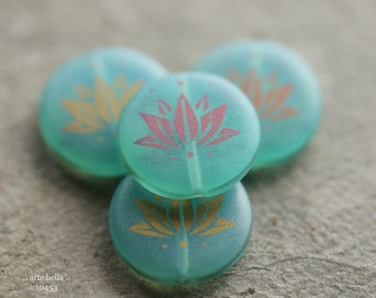 LAGOON LOTUS COINS No. 2 .. New 4 Premium Matte Czech Glass Laser Etched Lotus Coin Bead Mix 17mm (10453-4) .. jewelry supplies