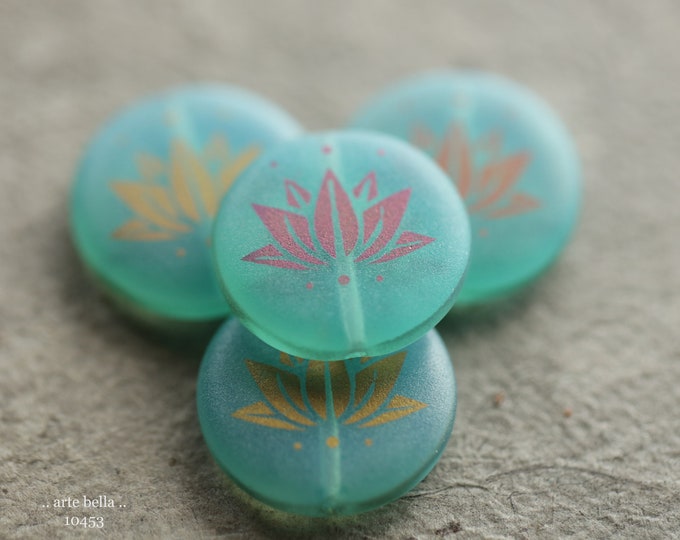 LAGOON LOTUS COINS No. 2 .. New 4 Premium Matte Czech Glass Laser Etched Lotus Coin Bead Mix 17mm (10453-4)