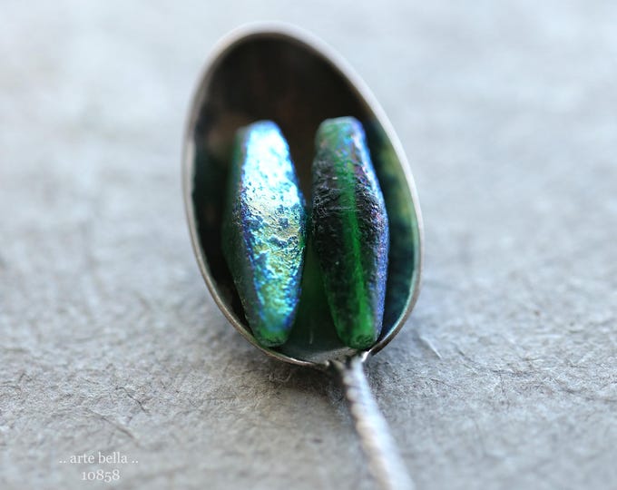 MYSTIC EMERALD RHOMBUS .. 6 Premium Etched Czech Glass Rhombus Beads 20x8mm (10858-st) .. jewelry supplies