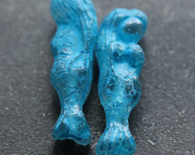 MATTE MALIBU MERMAID .. 2 Premium Etched Czech Glass Mermaid Beads 5x25mm (7889-2) .. jewelry supplies