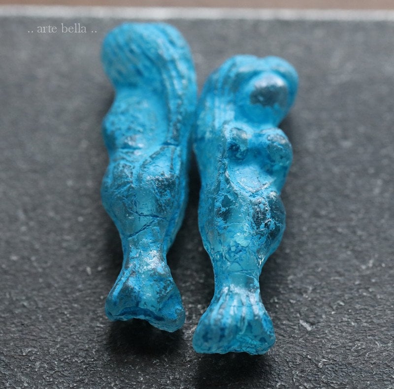 MATTE MALIBU MERMAID .. 2 Premium Etched Czech Glass Mermaid Beads 5x25mm  7889-2 