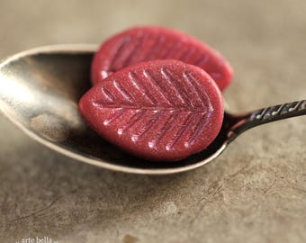 PINK RASPBERRY LEAVES .. 6 Etched Czech Glass Leaf Beads 12x16mm (10801-6) .. jewelry supplies