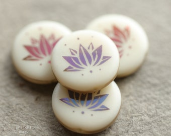 IVORY LOTUS COINS No. 2 .. New 4 Premium Czech Glass Laser Etched Lotus Coin Bead Mix 17mm (10452-4) .. jewelry supplies