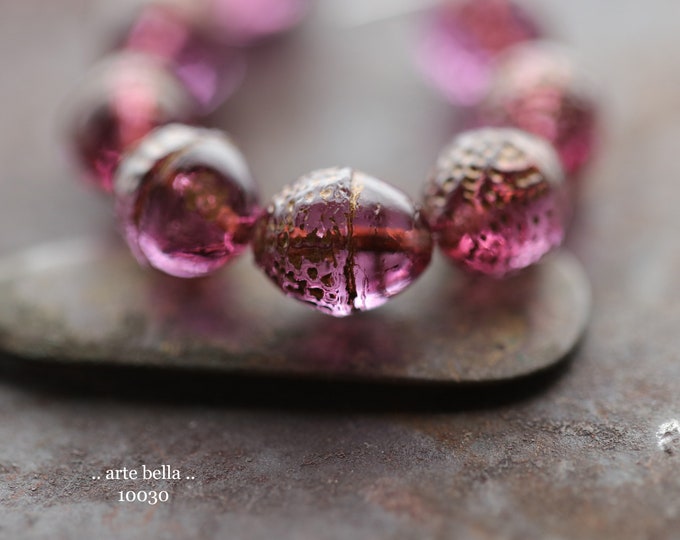 BRONZED PURPLE ACORNS .. 8 Premium Czech Glass Acorn Beads 12x10mm (10030-st) .. jewelry supplies