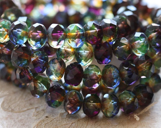 Czech Beads Cobalt and Emerald Picasso Beads Dark Blue and Green Glass Beads Qty 12 R8RJ-0363 8x6mm Rondelle Czech Glass Beads