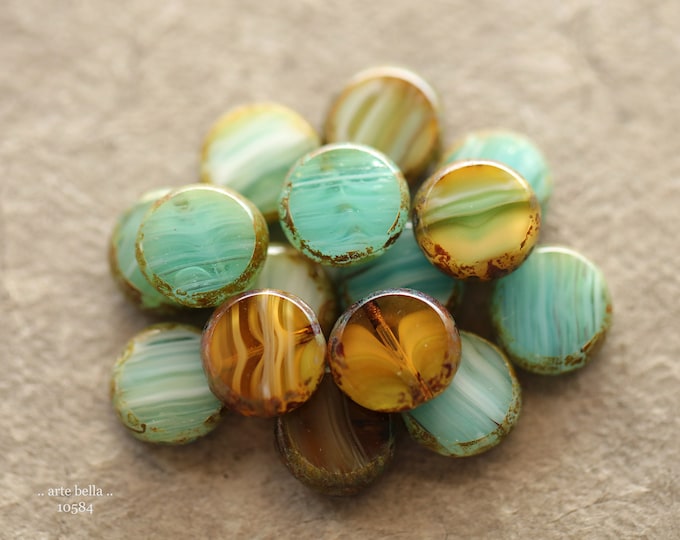 SUNSET BEACH COINS .. 15 Premium Picasso Czech Glass Lentil Coin Beads 11mm (10584-st) .. jewelry supplies