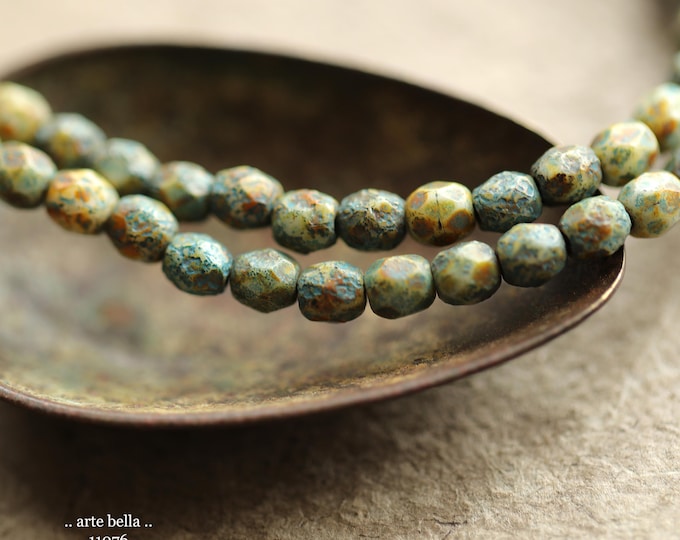 EARTHY BLUE TOTS .. New 50 Premium Picasso Czech Etched Glass Faceted Round Beads 4mm (11076-st) .. jewelry supplies