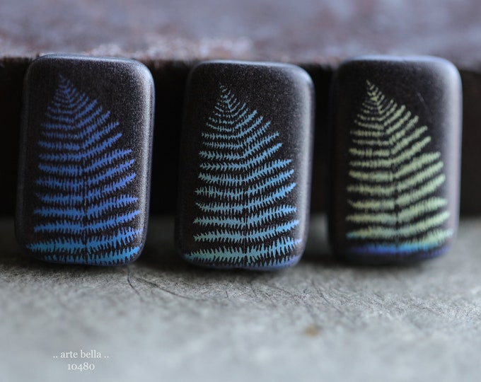 BLACK FERN REX .. New 4 Premium Matte Czech Glass Laser Etched Fern Rectangle Bead Mix 19x12mm (10480-4)