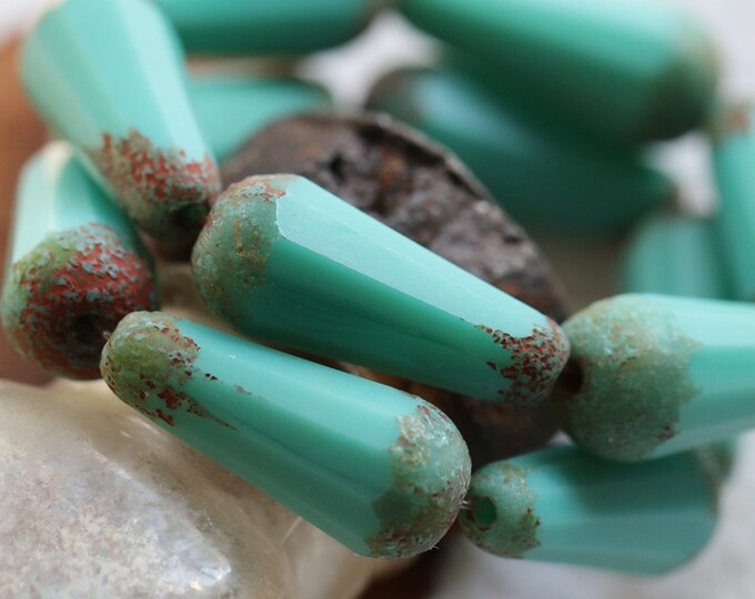 EARTHY TURQUOISE CHUBETTES .. 6 Premium Picasso Czech Matte Glass Faceted Drop Beads 20x9mm (8578-6) .. jewelry supplies