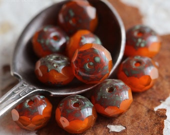 ORANGE CRUSH .. 10 Premium Picasso Czech Glass Rondelle Beads 6x9mm (7034-10) .. jewelry supplies