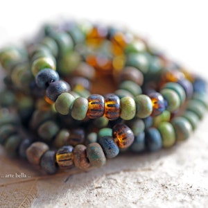 Matte RAINFOREST SEEDS No. 9212 .. 20&quot; Etched Picasso Czech Glass Aged Striped Seed Bead Mix Size 4/0 (9212-st) .. jewelry supplies