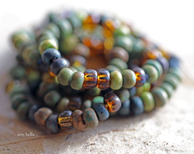 Matte RAINFOREST SEEDS No. 9212 .. 20" Premium Etched Picasso Czech Glass Aged Striped Seed Bead Mix Size 4/0 (9212-st)