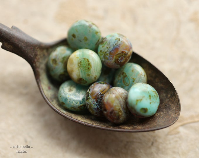 OCEANIC PEBBLE MIX .. New 10 Rustic Premium Picasso Czech Glass Lentil Bead 10mm (10420-10) .. jewelry supplies