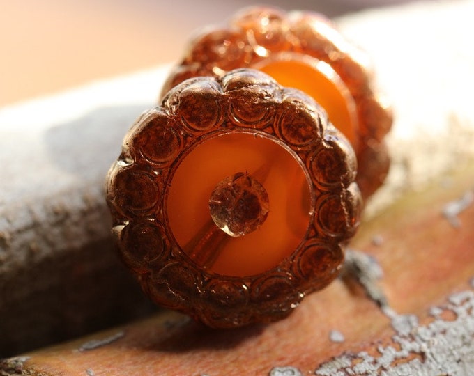 last ones .. BRONZED ORANGE BLOOMS .. 2 Premium Czech Glass Flower Coin Beads 19mm (8767-2)