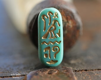 GOLDEN TURQUOISE EGYPTIAN Cartouche .. New 6 Premium Matte Czech Glass Tablet Beads 25x10mm (10211-st)