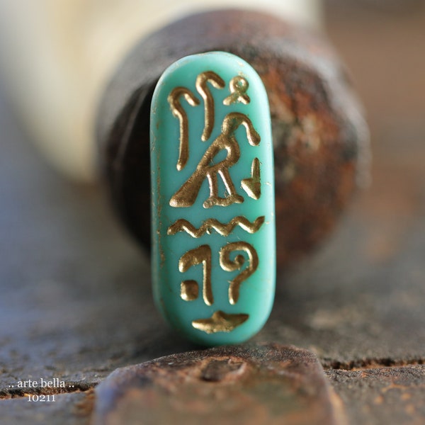 GOLDEN TURQUOISE EGYPTIAN Cartouche .. 6 Premium Matte Czech Glass Tablet Beads 25x10mm (10211-st) .. jewelry supplies