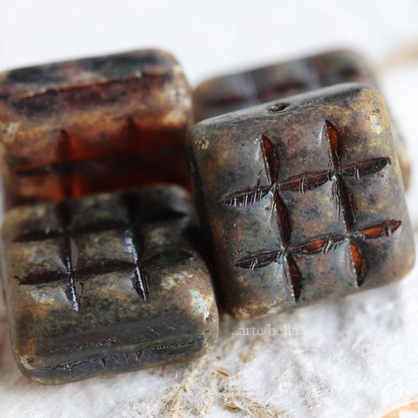 DARK CHOCOLATE SQUARES .. 4 Premium Matte Picasso Czech Glass Square Beads 13mm (7604-4)