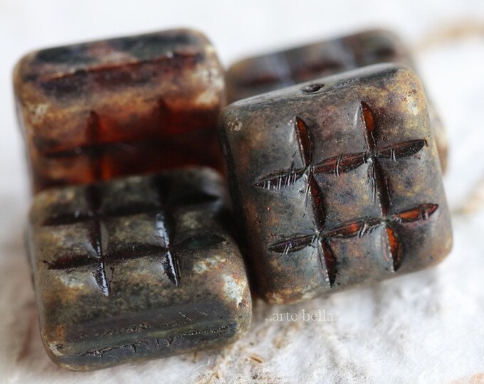 DARK CHOCOLATE SQUARES .. 4 Premium Matte Picasso Czech Glass Square Beads 13mm (7604-4)