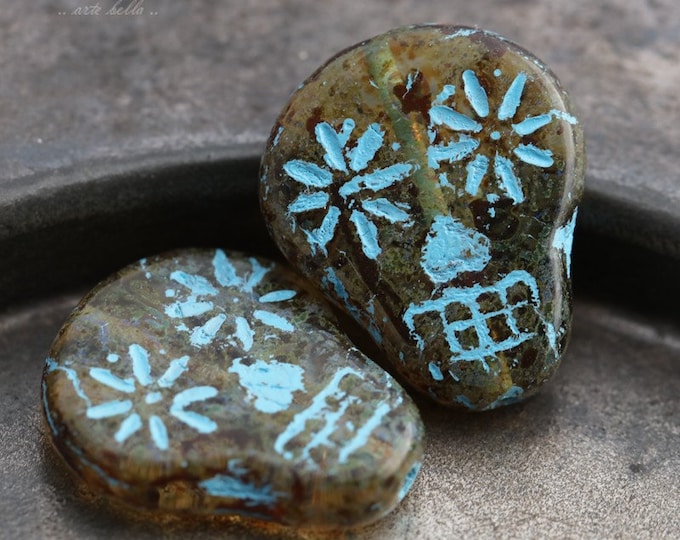 AMBER BLUE SKULLS .. 2 Premium Picasso Czech Glass Sugar Skull Beads 20x17mm (5506-2)