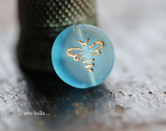 GOLDEN AQUA BIZZY B .. 6 Premium Matte Czech Glass Bee Coin Beads 12mm (9942-6) .. jewelry supplies