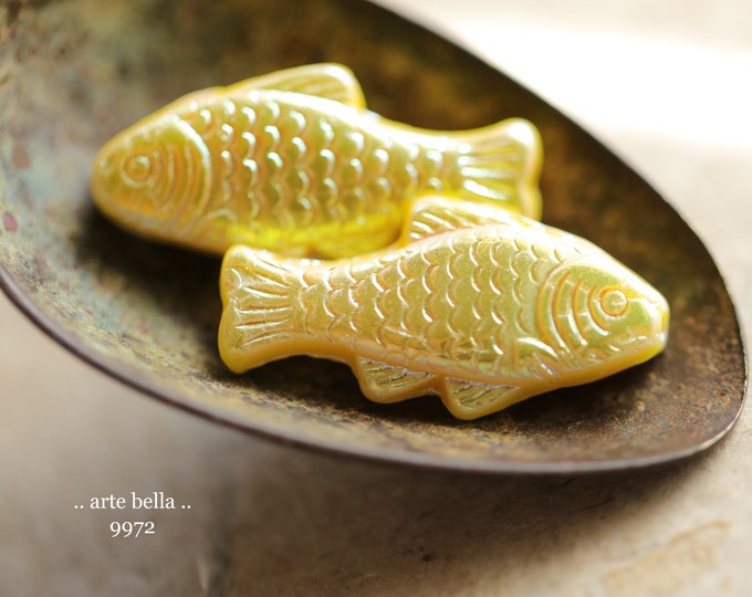 YELLOW RAINBOW SWIMMERS .. 4 Premium Czech Glass Fish Beads 25x12mm (9972-4)