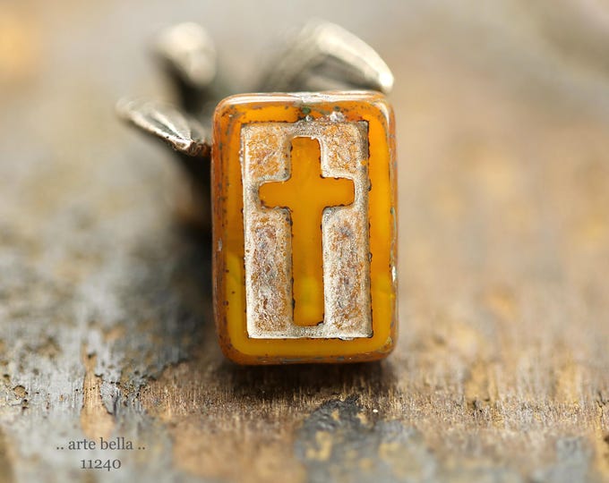 New .. RUSTIC MANGO CROSSES .. 4 Premium Picasso Czech Glass Rectangle Cross Bead Mix 17x12mm (11240-4) .. rosary making supplies