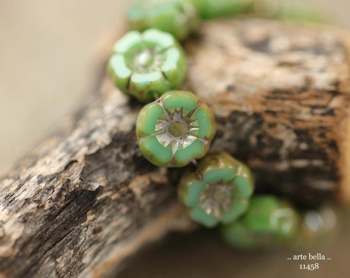 New .. EARTHY TURQUOISE PANSY 7mm .. 12 Premium Luster Picasso Czech Glass Petite Hibiscus Flower Beads (11458-st) .. jewelry supplies