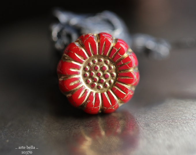 GOLDEN CORAL SUNFLOWERS .. New 6 Premium Czech Glass Flower Beads 13mm (10370-6)