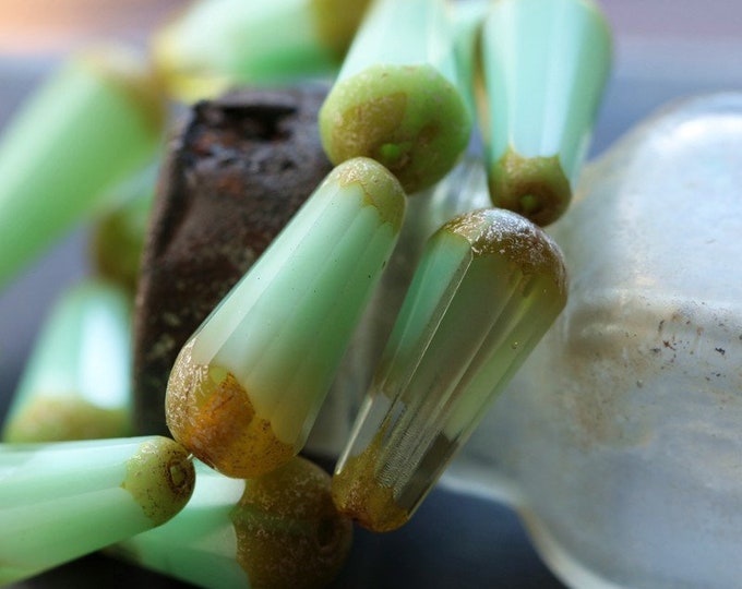 MINTY FACETED CHUBETTES .. 6 Premium Picasso Czech Glass Faceted Drop Beads 20x9mm (8574-6) .. jewelry supplies